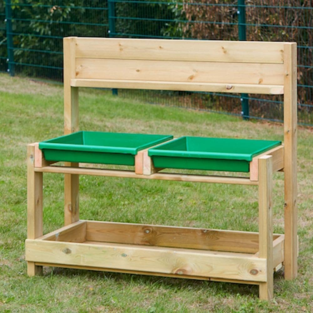 Economy Tray Kitchen,This versatile, wooden Economy Tray Kitchen can be used in a variety of ways.The Economy Tray Kitchen features two removable trays for ease of filling and cleaning.A shelf and lower wooden base provide plenty of storage. The wood has a 10 year guarantee against rot and insect damage. Pressure treated for longevity. Fill with a variety of materials to experiment and explore. A great basic unit for outdoor play. Height:105 cm Length:107 cm Depth:50 cm Assembly type: Pre-Assembled Suitable