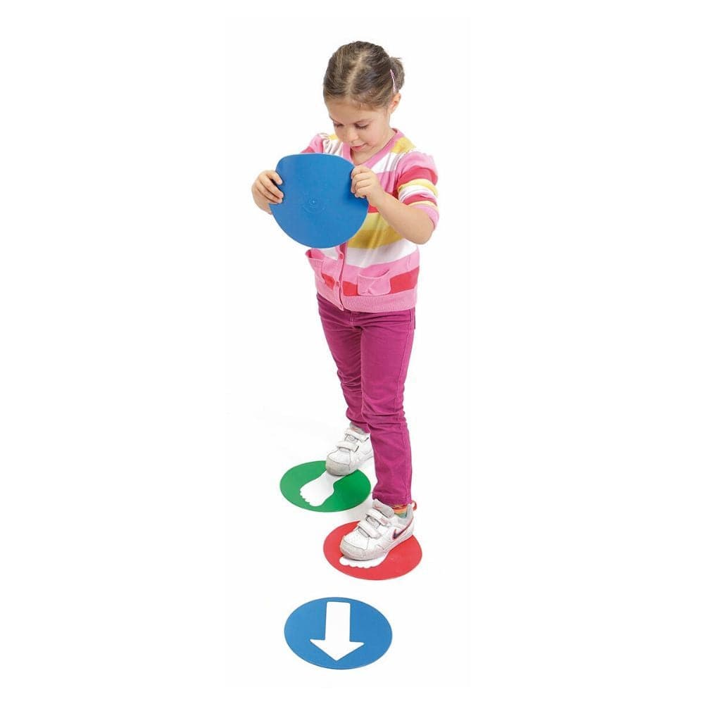 Educ O Disks,The Educ'o'Disks set is a brilliantly designed educational tool aimed at enhancing children's orientation and coordination skills through playful and engaging activities. These thin, soft stepping discs are supplied in a set of 12 pieces, featuring four bright colors to captivate and maintain children's interest. The addition of white self-adhesive stickers, including hands, feet, and arrows, further enriches the learning experience, making it a versatile resource for teaching concepts such as 