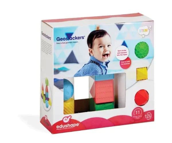 Edushape Geostacker,Introducing the Edushape Geostacker Stack and Sort - a captivating and educational toy designed to engage and delight your little one as they embark on a journey of discovery through geometric shapes and stacking fun! This set includes eight classic geometric shapes that are not only enjoyable for babies to hold and squeeze, but also perfect for stacking on top of each other. With topple-proof tubes, you can watch your baby's excitement soar as they create impressive structures, promotin