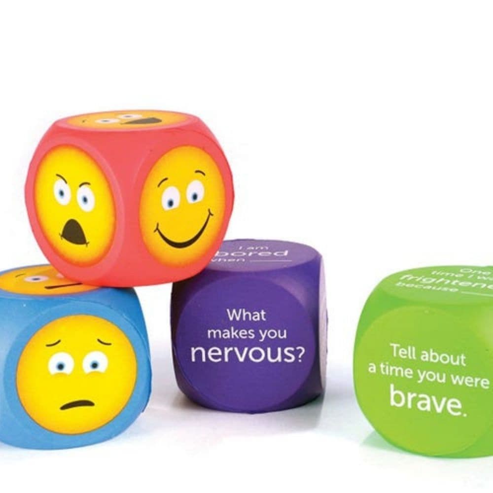 Emoji Cubes,The Emoji Cubes set is an innovative educational tool designed to enhance emotional literacy and self-awareness in early learners. This engaging set uses the universal appeal of emojis to help children identify and express their feelings, fostering both individual emotional growth and social skills. Key Features: Brightly Coloured Emoji Cubes: Each cube is vividly colored, making them visually appealing to young children and easy to engage with. Emoji and Written Prompt Cubes: The set includes t