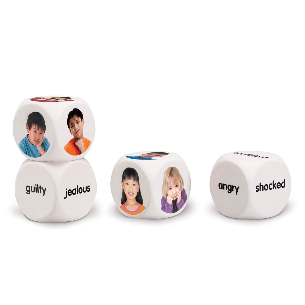 Emotion Cubes,Emotion Cubes The Emotion Cubes are a versatile educational tool designed to help children recognise, discuss, and express different emotions. These cubes are perfect for expanding children's understanding of human behaviour in a safe and engaging way, without the pressure of right or wrong answers. The set includes four cubes—two with pictures of facial expressions and two with descriptive words—along with an activity guide for various games and activities. Key Features: Emotion Recognition: 