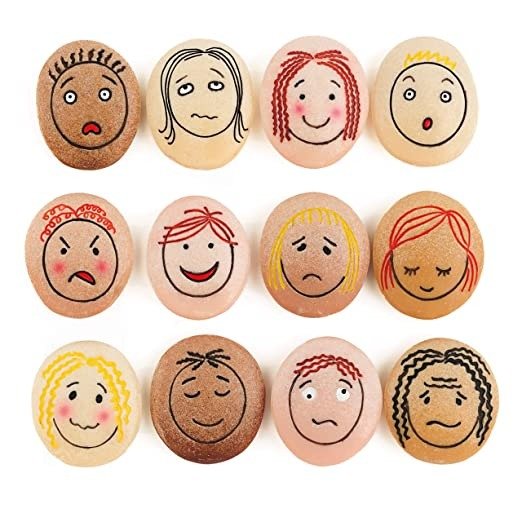 Emotion Stones,Emotion Stones The Emotion Stones are a thoughtfully crafted set of 12 tactile pebbles, each engraved with a face depicting a different emotion. This set is an invaluable resource for helping children to recognise, understand, and communicate their emotions, as well as to empathise with others. Key Features: Tactile Design: Each stone is engraved with a face showing a specific emotion, making them easy to handle and visually appealing for children. The set includes emotions such as happy, sad