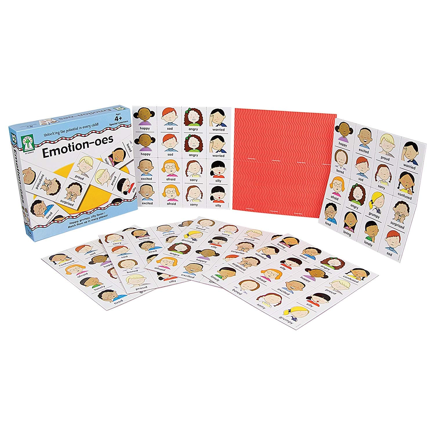 Emotionoes Board Game,A fun dominoes matching game based on emotions.Players match dominoes with the same emotion icon and the winner is the first to use all their pieces.A new twist on a long beloved game of dominoes: Emotionoes.Instead of matching numbers, players will match emotion icons with same or matching name pieces. The pieces are larger than the standard domino to make them easier to grasp. This fun game with child-friendly and colourful art will help children recognise and identify emotions. As w