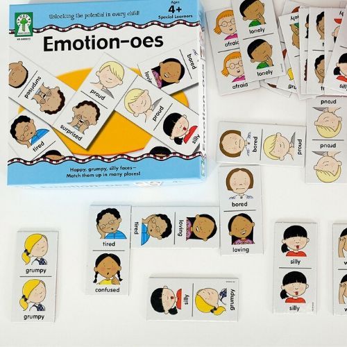 Emotionoes Board Game,A fun dominoes matching game based on emotions.Players match dominoes with the same emotion icon and the winner is the first to use all their pieces.A new twist on a long beloved game of dominoes: Emotionoes.Instead of matching numbers, players will match emotion icons with same or matching name pieces. The pieces are larger than the standard domino to make them easier to grasp. This fun game with child-friendly and colourful art will help children recognise and identify emotions. As w