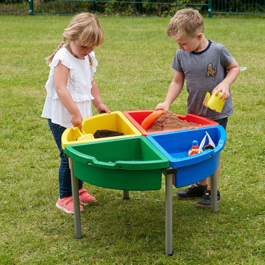 Exploration Circle Set Colour Trays,The Exploration Circle Set Colour Trays has 4 coloured quadrant trays with a grey metal stand forming a sturdy activity circle. Using the Exploration Circle Set Colour Trays,Children can play and discover the properties of sand, water, confetti, wood chippings or whatever medium you decide to place into the handy sized trays which are easy to manage, clean, lift and empty with this stunning Exploration Circle Set Colour Trays. The Exploration Circle Set Colour Trays is id