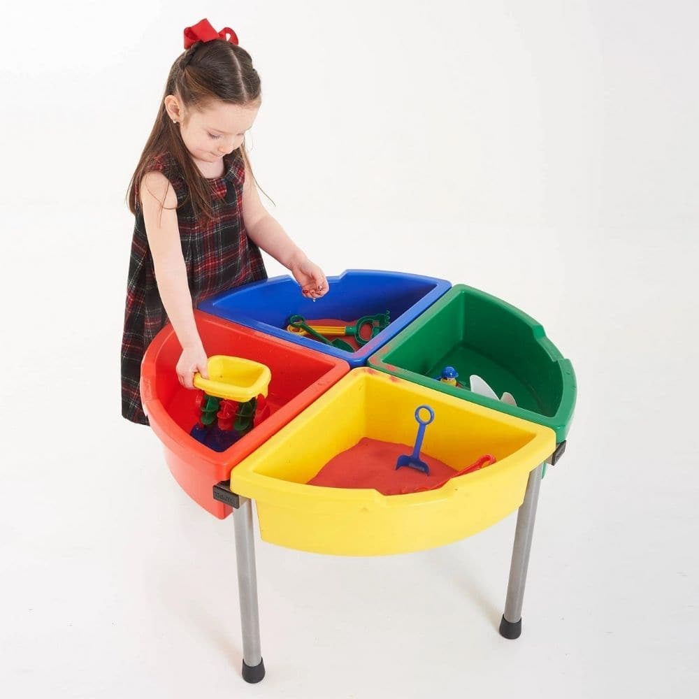 Exploration Circle Set Colour Trays,The Exploration Circle Set Colour Trays has 4 coloured quadrant trays with a grey metal stand forming a sturdy activity circle. Using the Exploration Circle Set Colour Trays,Children can play and discover the properties of sand, water, confetti, wood chippings or whatever medium you decide to place into the handy sized trays which are easy to manage, clean, lift and empty with this stunning Exploration Circle Set Colour Trays. The Exploration Circle Set Colour Trays is id