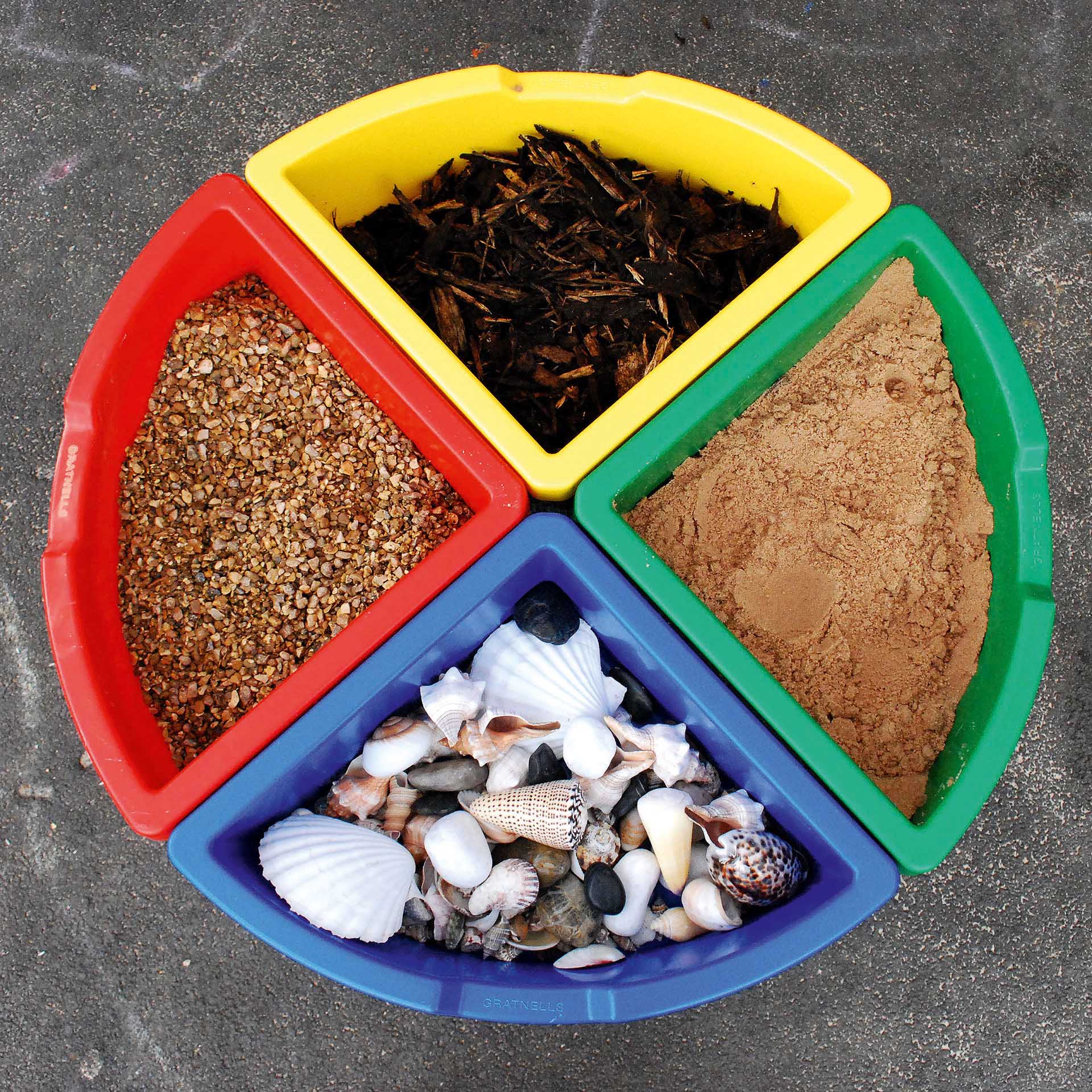 Exploration Circle Set Colour Trays,The Exploration Circle Set Colour Trays has 4 coloured quadrant trays with a grey metal stand forming a sturdy activity circle. Using the Exploration Circle Set Colour Trays,Children can play and discover the properties of sand, water, confetti, wood chippings or whatever medium you decide to place into the handy sized trays which are easy to manage, clean, lift and empty with this stunning Exploration Circle Set Colour Trays. The Exploration Circle Set Colour Trays is id