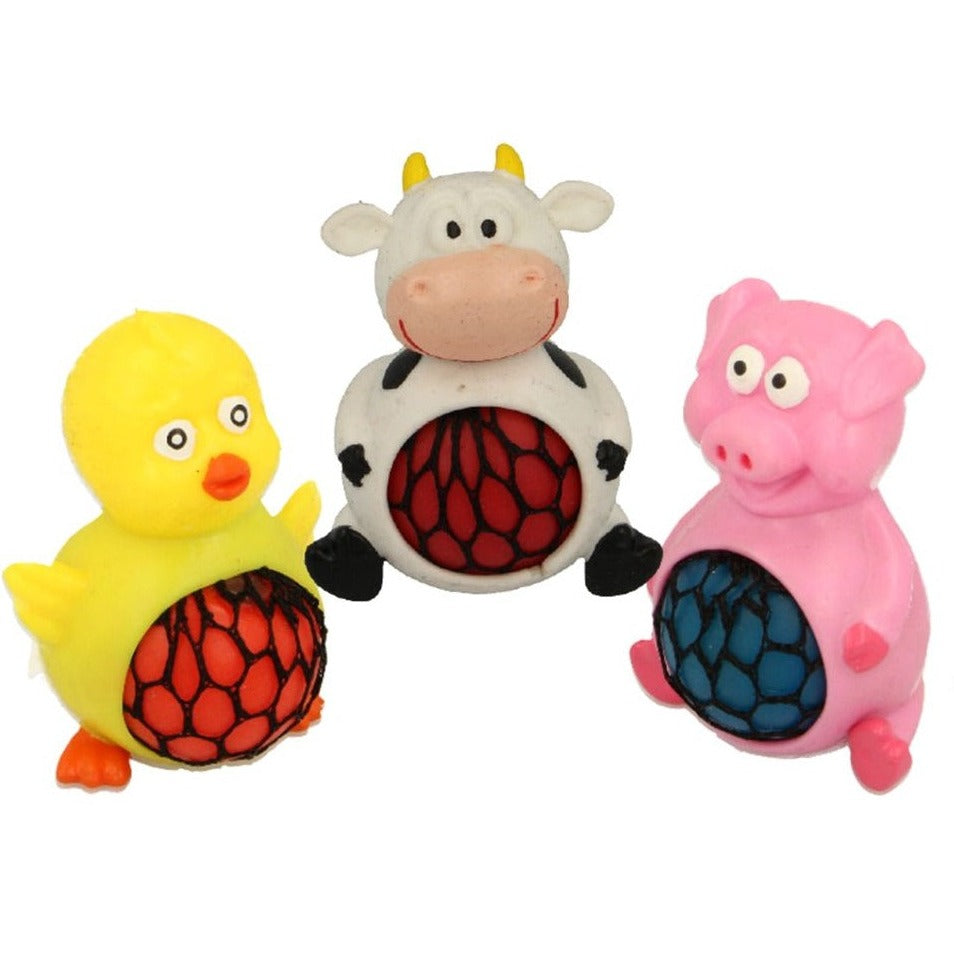 Farm Squeezy Meshables,The Farm Squeezy Meshable is a delightful and engaging fidget toy designed to provide both tactile stimulation and stress relief. Encased within each adorable farm animal is a squishy mesh ball that offers a fascinating visual and sensory experience when squeezed. This toy not only captivates children’s attention but also serves as a fun educational tool demonstrating cause and effect. Key Features: Interactive Squeezing Fun: Squeezing the toy causes the inner mesh ball to protrude th