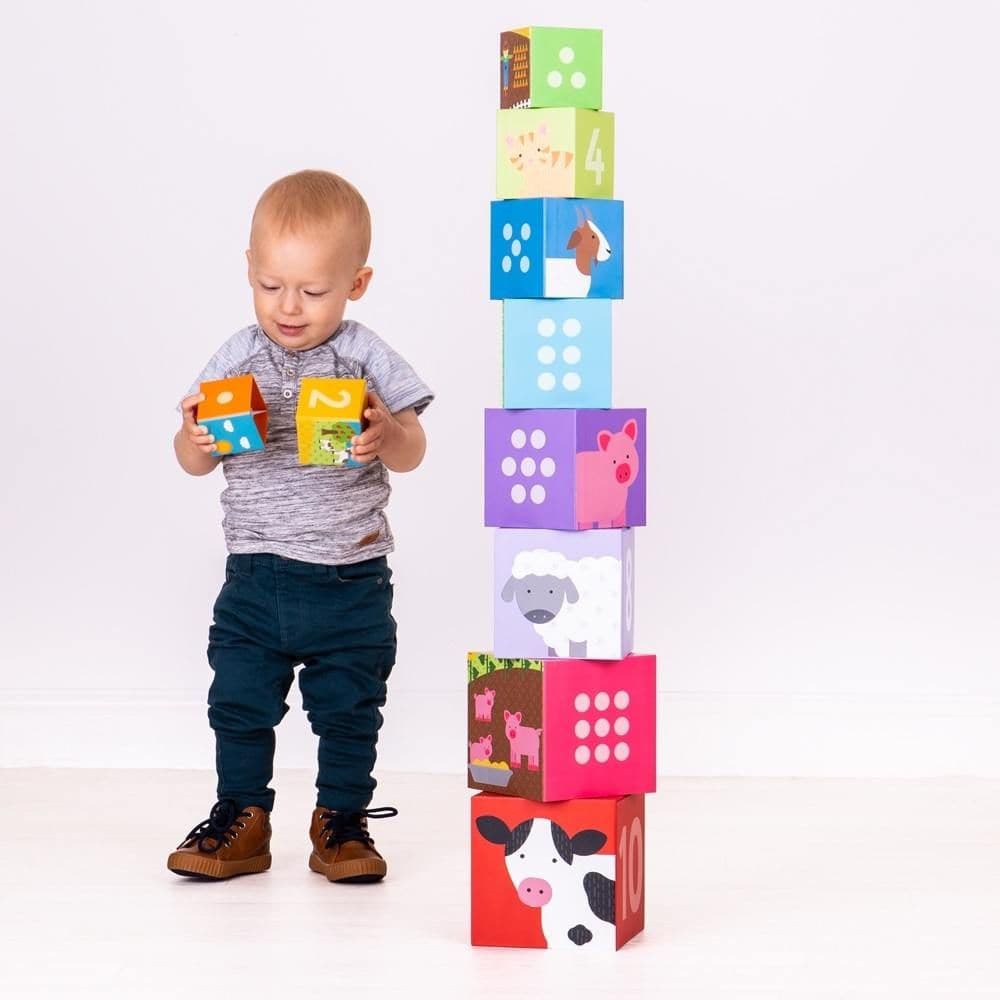 Farmyard Stacking Cubes,Graduating in size, these delightful wooden Farmyard stacking cubes need to be stacked in the correct order, from largest to smallest, to create a tower. Each Farmyard block features a detailed farmyard scene, a number and dots that correspond to the number on the block. As little ones stack each Farmyard cube, they can discuss the farmyard scene on one side, developing their language skills and vocabulary, and count how many dots there are making sure they end up with the same numbe