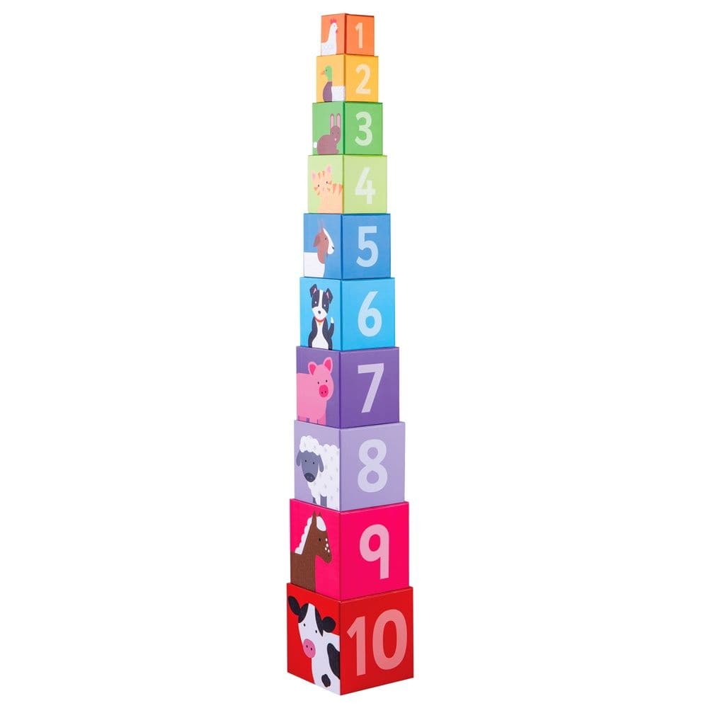 Farmyard Stacking Cubes,Graduating in size, these delightful wooden Farmyard stacking cubes need to be stacked in the correct order, from largest to smallest, to create a tower. Each Farmyard block features a detailed farmyard scene, a number and dots that correspond to the number on the block. As little ones stack each Farmyard cube, they can discuss the farmyard scene on one side, developing their language skills and vocabulary, and count how many dots there are making sure they end up with the same numbe