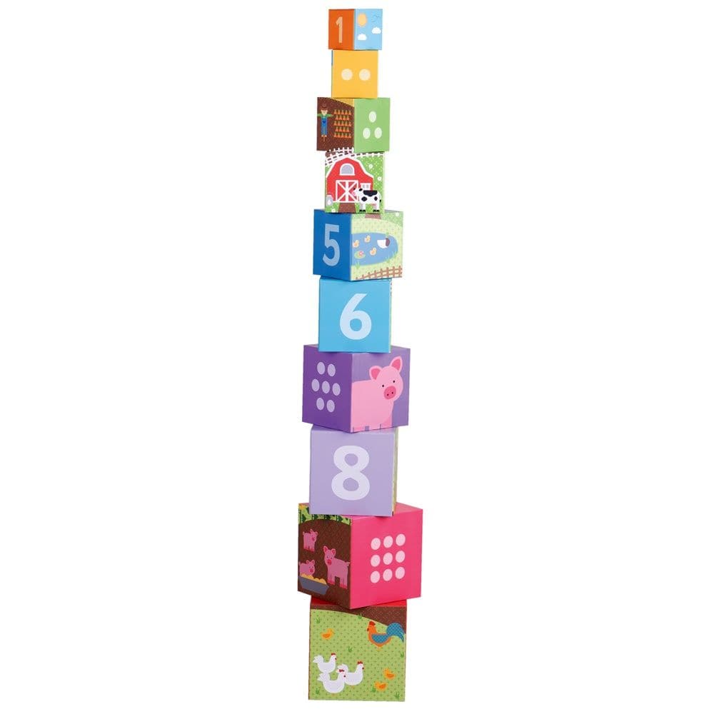 Farmyard Stacking Cubes,Graduating in size, these delightful wooden Farmyard stacking cubes need to be stacked in the correct order, from largest to smallest, to create a tower. Each Farmyard block features a detailed farmyard scene, a number and dots that correspond to the number on the block. As little ones stack each Farmyard cube, they can discuss the farmyard scene on one side, developing their language skills and vocabulary, and count how many dots there are making sure they end up with the same numbe