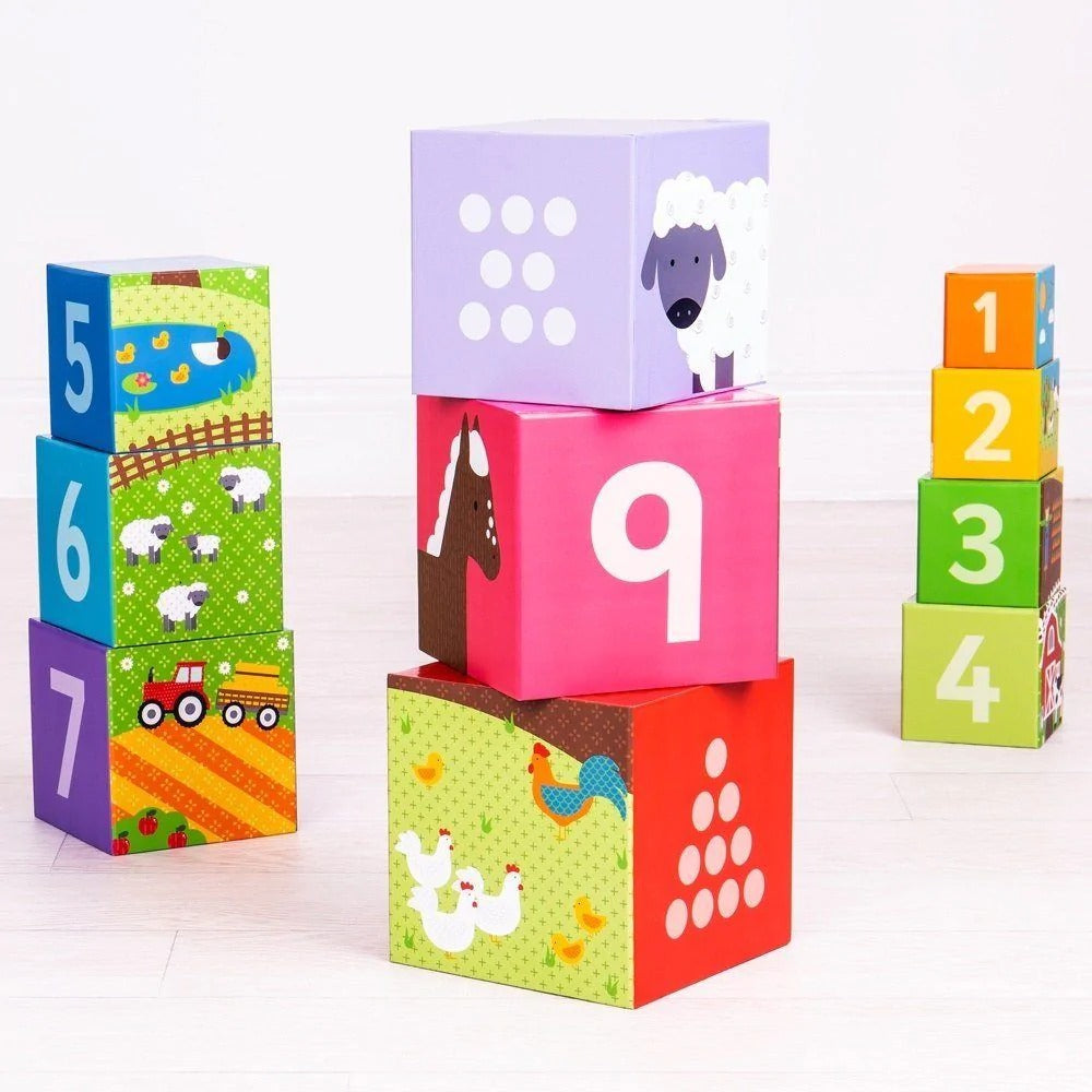 Farmyard Stacking Cubes,Graduating in size, these delightful wooden Farmyard stacking cubes need to be stacked in the correct order, from largest to smallest, to create a tower. Each Farmyard block features a detailed farmyard scene, a number and dots that correspond to the number on the block. As little ones stack each Farmyard cube, they can discuss the farmyard scene on one side, developing their language skills and vocabulary, and count how many dots there are making sure they end up with the same numbe