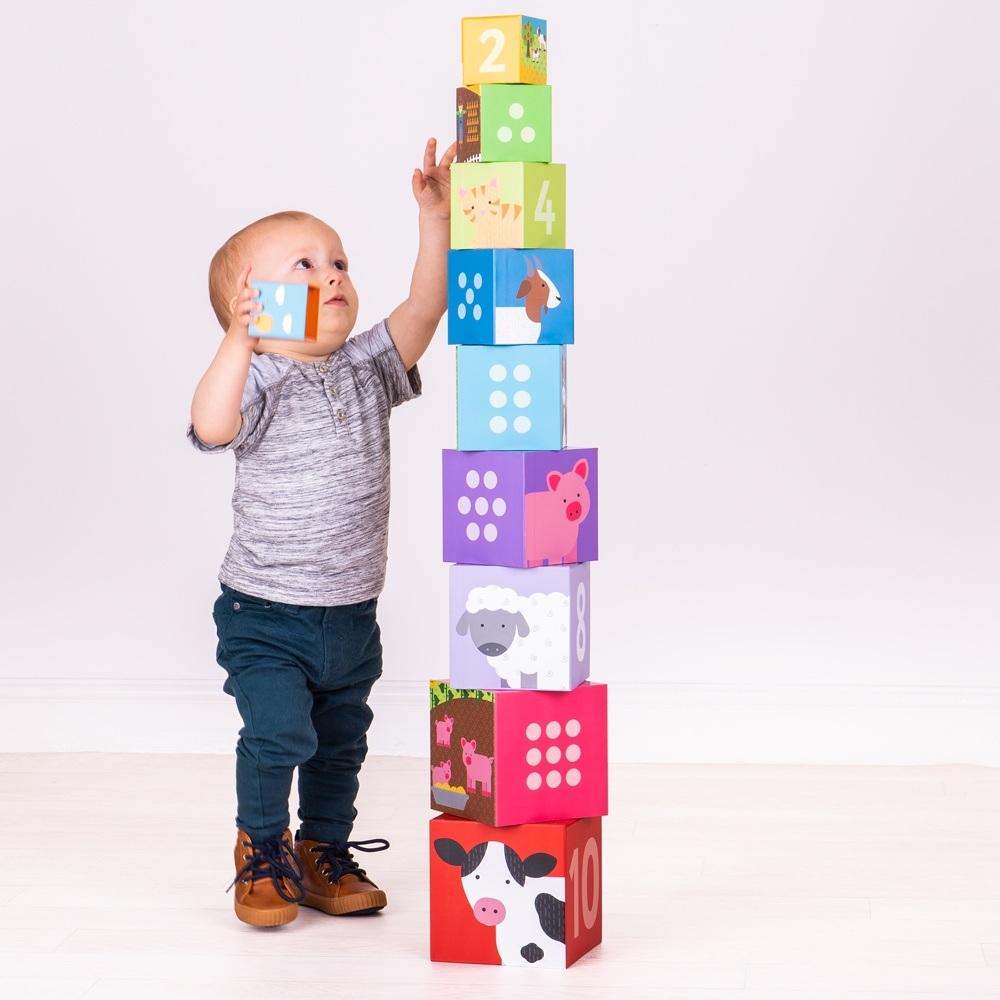 Farmyard Stacking Cubes,Graduating in size, these delightful wooden Farmyard stacking cubes need to be stacked in the correct order, from largest to smallest, to create a tower. Each Farmyard block features a detailed farmyard scene, a number and dots that correspond to the number on the block. As little ones stack each Farmyard cube, they can discuss the farmyard scene on one side, developing their language skills and vocabulary, and count how many dots there are making sure they end up with the same numbe