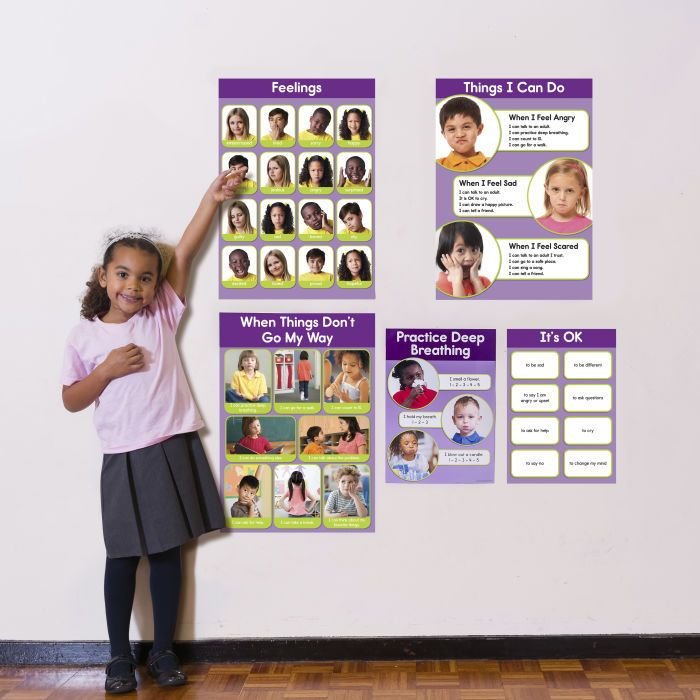 Feelings Bulletin Board Set,This fabulous Feelings Bulletin Board Set encourages social skills for young learners and helps children express their own feelings and emotions. The Feelings Bulletin Board Set contains photographic visuals of various emotions and positive behaviour solutions. The Feelings Bulletin Board Set includes 5 unique posters. 3 large posters measuring 43 x 61cm and 2 small posters measuring 21. 5 x 30cm each Offers photographic visuals of various emotions and positive behaviour solution