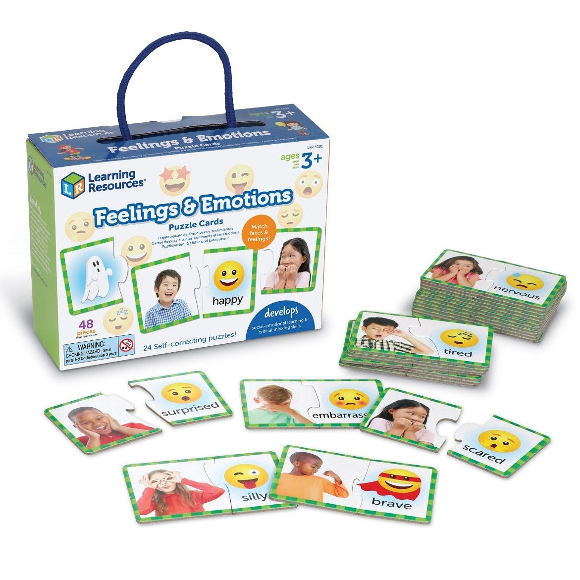 Feelings & Emotions Puzzle Cards,The Feelings & Emotions Puzzle Cards offer an engaging and educational way for preschoolers to explore social emotional learning (SEL) skills through play. These colorful, two-piece puzzles are designed to help young children identify and articulate their emotions effectively, enhancing their emotional intelligence from an early age. Key Features: Realistic and Relatable Images: Each puzzle features a full-color photograph of a real child expressing a specific emotion, paire