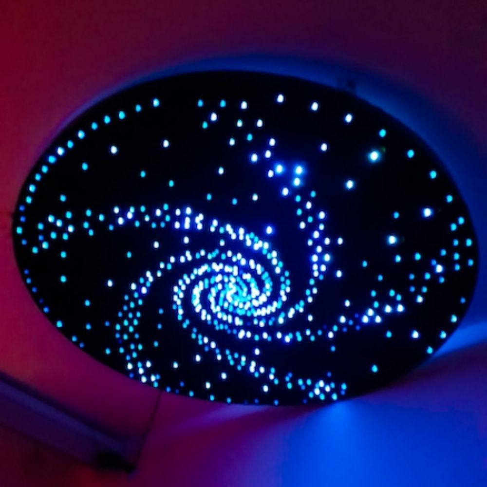 Fibre Optic Ceiling Ring Display,Create a stunning galaxy of stars on the ceiling of a sensory room or sensory area with this fibre optic ceiling kit. Decorative and offers visual interest, especially to users who spend a lot of time lying down and looking upwards. Control the colours with the remote control or let it scroll through a colour changing sequence to create a starry night light show. Most effective in a darkened environment. Professional installation required as the disc needs fixing to the ceil