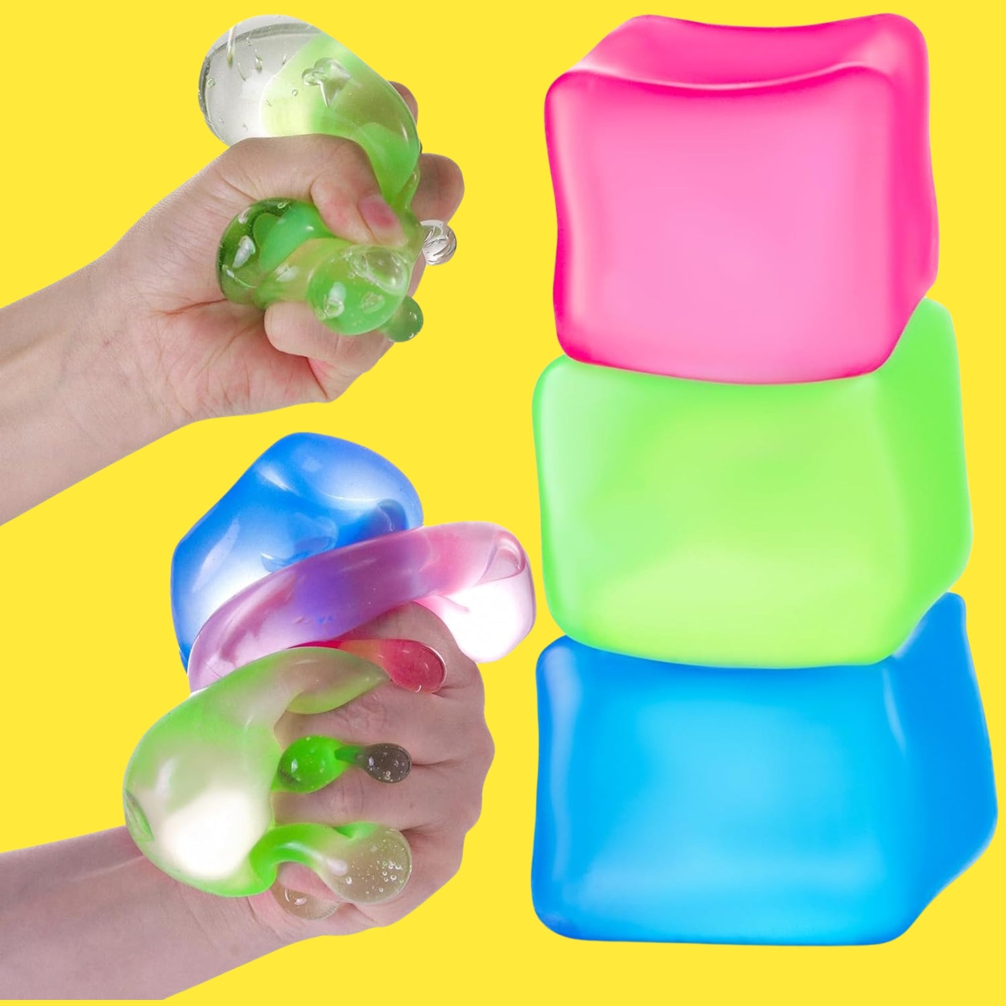 Fidget Ice Cube,Fidget Ice Cube Chill out with the coolest fidget toy in town, the Fidget Ice Cube! This satisfying stress ball comes in three translucent colours, including purple, pink, and blue, creating a snazzy ice cube effect. The Fidget Ice Cube is the ideal size for little hands to hold, squeeze, squish, and smush. But don’t worry, the non-toxic, dough-like material will always bounce back to its original shape. Perfect for on-the-go fidget fun or as an anxiety reliever. This stress ball will also h