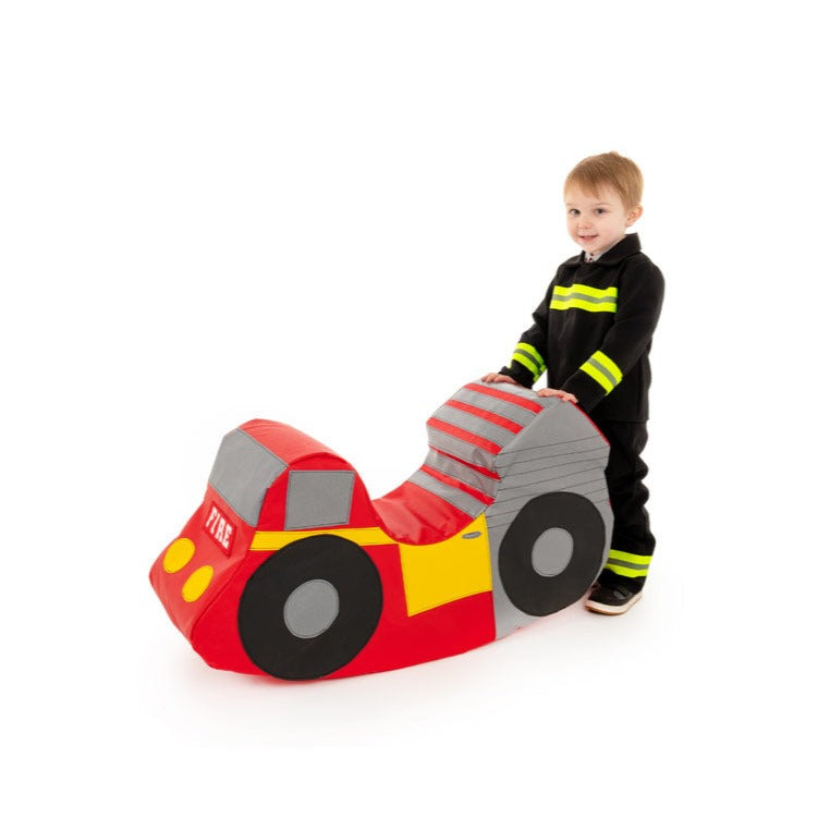 Fire Engine Rocker,The Fire Engine Rocker is designed to be a great role play toy and have a gentle rocking action that is safe for younger children. It is designed for one child to play on and is a fun addition in any nursery. The Rocker is made of soft foam with a brightly coloured, wipe clean PVC cover. For both indoor and outdoor use. Must not be permanently left outdoors. 90cm x 25cm x 50cm Expected delivery 10 working days Hand made in the UK, Fire Engine Rocker,EYFS Rocker. Toddler Rocker, Soft play 