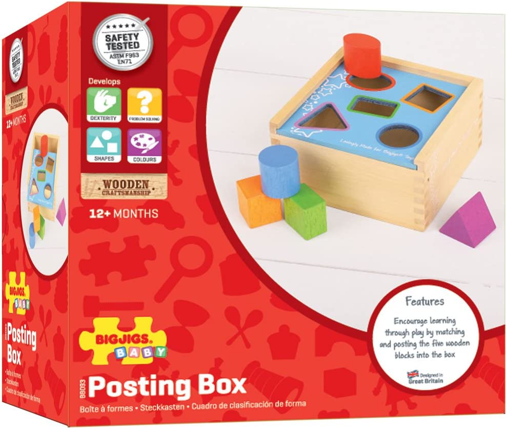 First Posting Box,Help your little one develop colour and shape recognition with this wooden Posting Box. Match the shapes to the colours and slots on the top of this wooden box and post each shape through the correct hole. Help your little one develop colour and shape recognition with this wooden Posting Box. Match the shapes to the colours and slots on the top of this wooden box and post each shape through the correct hole. The wooden box features a sliding top to allow easy access to all shapes and stora