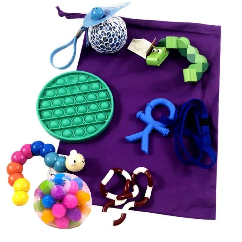 Focus 4 Fidgets 7 Pack,The Focus for Fidgets 7 Pack is a comprehensive collection designed to aid concentration and provide sensory relief. This value-packed set of tactile toys is perfect for classrooms, therapy sessions, or home use, offering a variety of tools to engage and calm users. Features of the Focus for Fidgets 7 Pack: Stress Ball: Helps relieve tension and is excellent for strengthening hand muscles. Twist 'n' Lock Blocks: Enhances fine motor skills through the manipulation of connected blocks. 