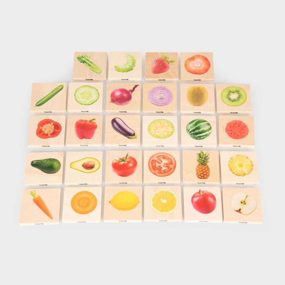 Fruit And Vegetable Match,The Fruit and Vegetable Match games is a fun and versatile wooden game, our TickiT® Fruit & Vegetable Match is a set of fourteen pairs of smooth tactile basswood ply tiles with a clear colour print on one side of real photographic images of fruits and vegetables. The square chunky tiles are easy for your child to hold and turn over in their hands. The Fruit and Vegetable Match is fun to use in the following ways:• A matching game - turn all the tiles face up and match the whole fru