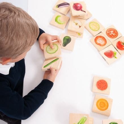 Fruit And Vegetable Match,The Fruit and Vegetable Match games is a fun and versatile wooden game, our TickiT® Fruit & Vegetable Match is a set of fourteen pairs of smooth tactile basswood ply tiles with a clear colour print on one side of real photographic images of fruits and vegetables. The square chunky tiles are easy for your child to hold and turn over in their hands. The Fruit and Vegetable Match is fun to use in the following ways:• A matching game - turn all the tiles face up and match the whole fru