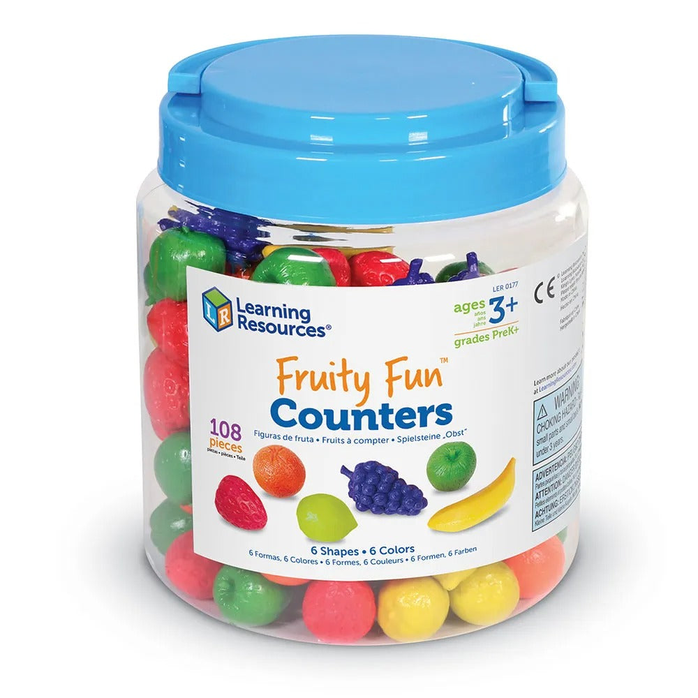 Fruity Fun Counters Set Of 108,Enhance early learning with the Fruity Fun™ Counters Set, perfect for young children developing counting and sorting skills. This set includes 108 soft rubber counters, featuring six different fruits in six vibrant colours, all stored in a convenient storage bucket for easy clean-up and organization. The tactile nature of these fruit counters makes them ideal for a variety of educational activities. They can be used as markers in number trays, aiding in numerical recognition a