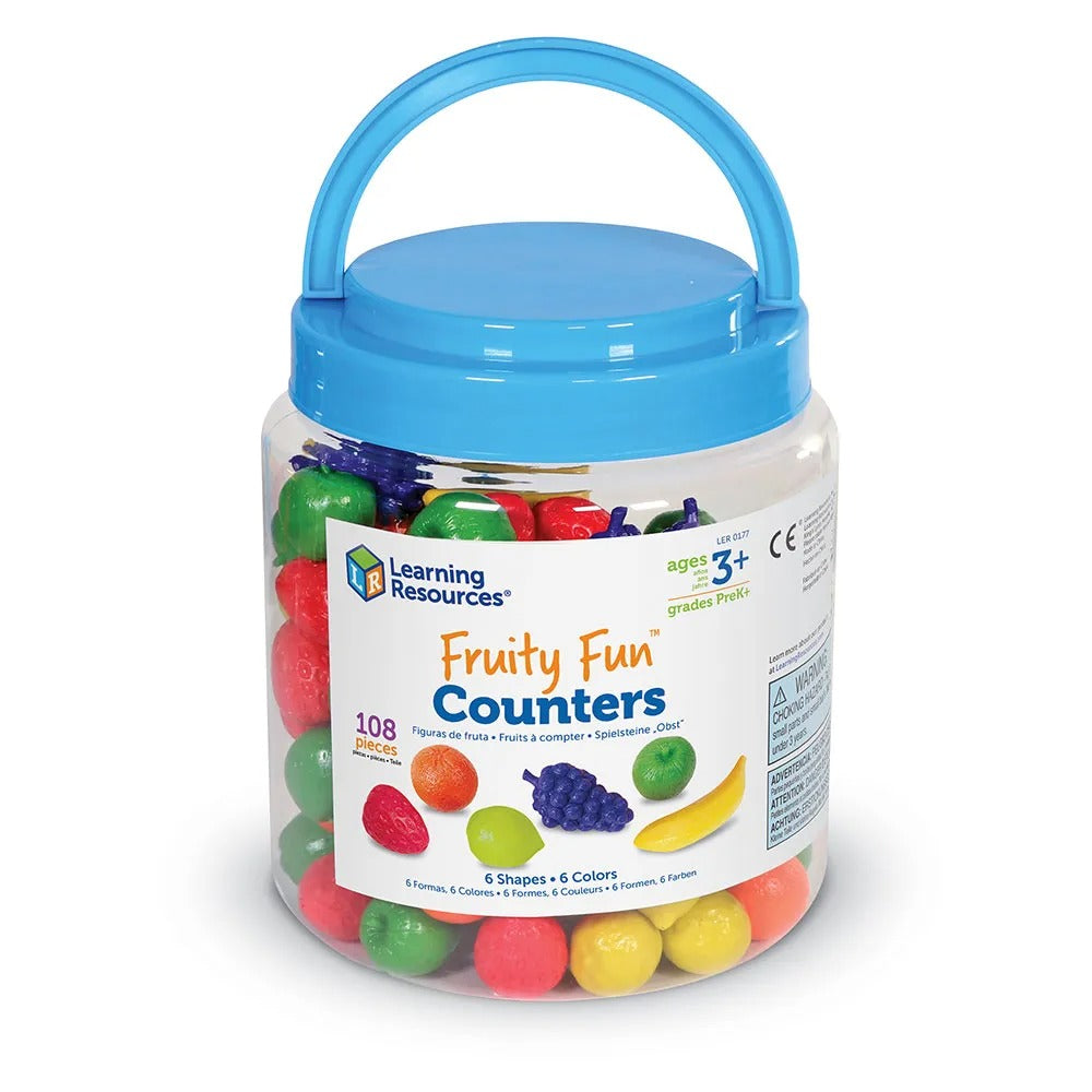 Fruity Fun Counters Set Of 108,Enhance early learning with the Fruity Fun™ Counters Set, perfect for young children developing counting and sorting skills. This set includes 108 soft rubber counters, featuring six different fruits in six vibrant colours, all stored in a convenient storage bucket for easy clean-up and organization. The tactile nature of these fruit counters makes them ideal for a variety of educational activities. They can be used as markers in number trays, aiding in numerical recognition a