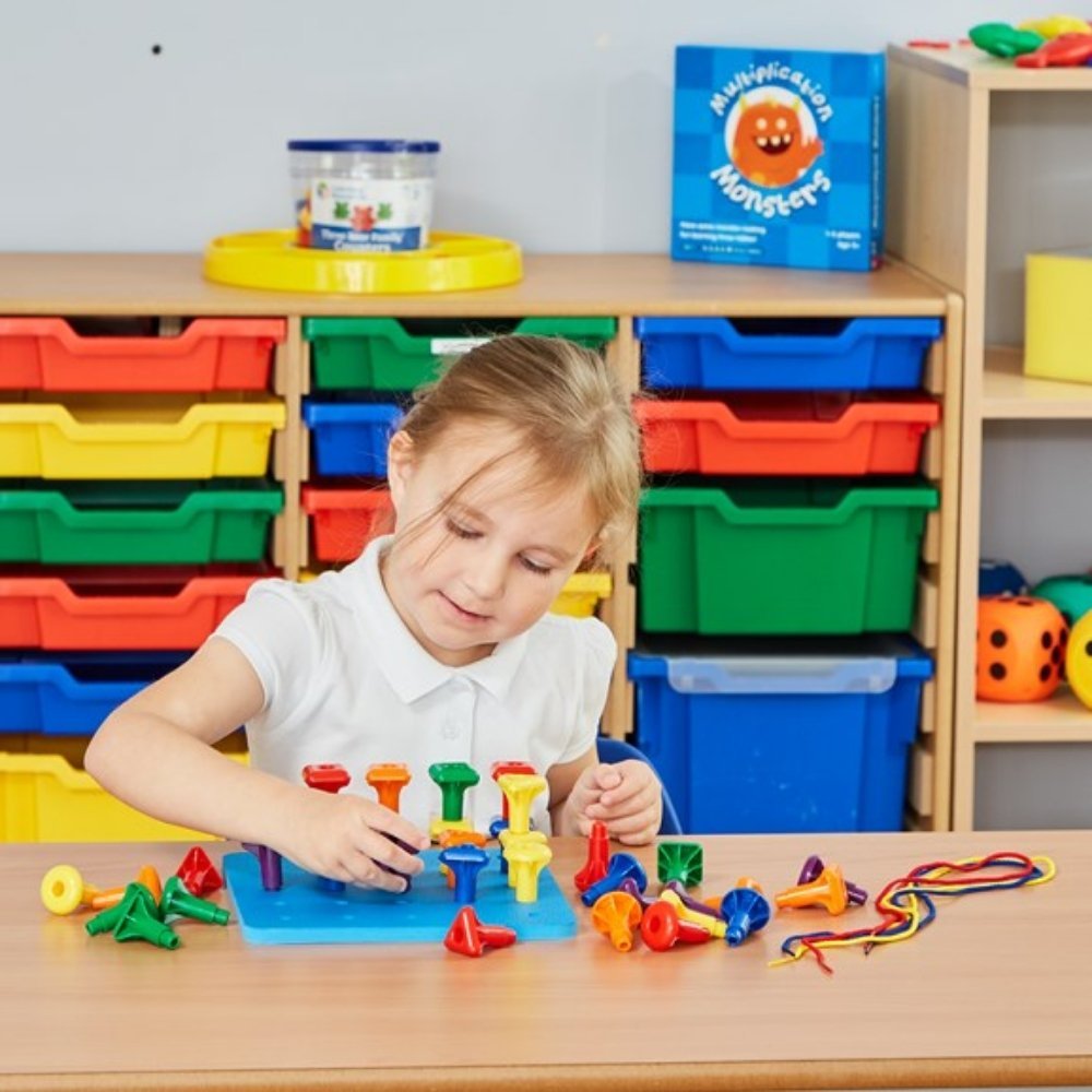 Giant Pegs And Pegboard Set,Encourage early developmental skills with our big, chunky Geo Pegs and Pegboard Set, perfectly sized for young children to handle and manipulate. This educational set is an excellent resource for the early years classroom, offering engaging ways to develop fine motor skills, counting, sorting, and patterning abilities. The Geo Pegs and Pegboard Set comes with 36 stackable giant pegs in six vivid colours and three distinct shapes. It also includes a 21cm square base board and thre