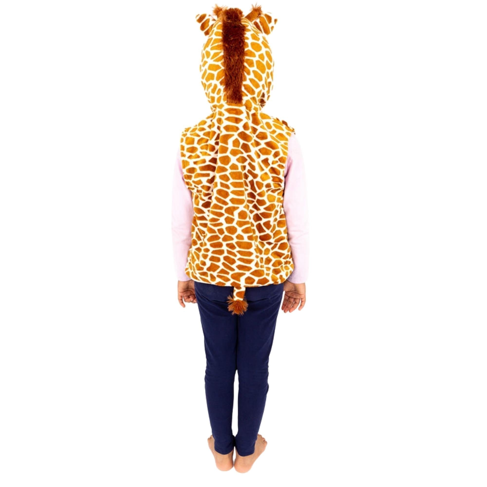 Giraffe Zip Top Fancy Dress,Children will love this Giraffe costume with easy-wear Zip Top design and will have lots of fun enjoying the world of animal role play. This fantastic giraffe fancy zip top from Pretend to Bee is brilliantly detailed and super-soft. Made from a spot printed velour fabric the top is closed by a front zip and it has a velour hood with giraffe head. The giraffe face features a long nose, eyes,, giraffe ossicones (horns) and pointed ears. At the back of the costume there is a tail. Z