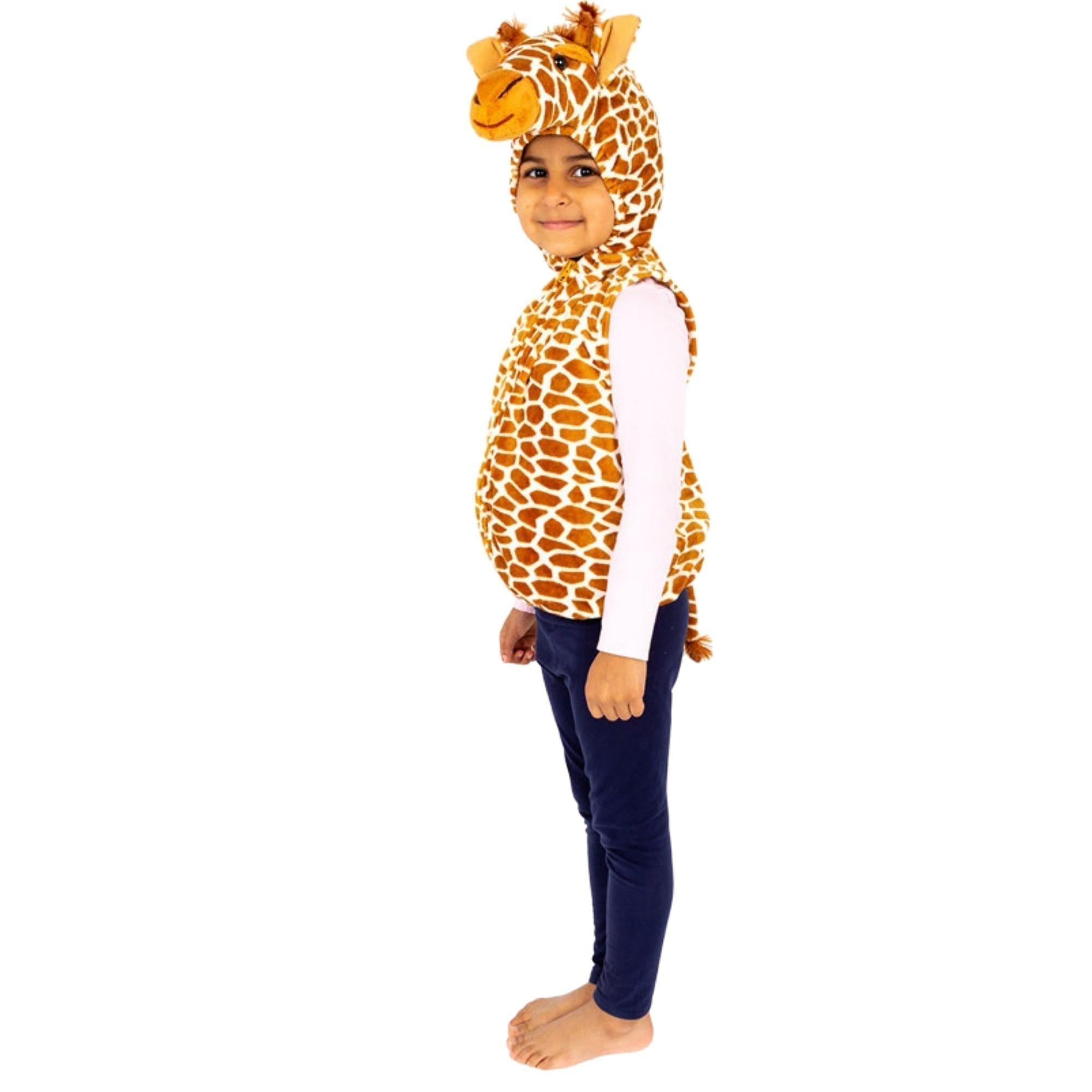 Giraffe Zip Top Fancy Dress,Children will love this Giraffe costume with easy-wear Zip Top design and will have lots of fun enjoying the world of animal role play. This fantastic giraffe fancy zip top from Pretend to Bee is brilliantly detailed and super-soft. Made from a spot printed velour fabric the top is closed by a front zip and it has a velour hood with giraffe head. The giraffe face features a long nose, eyes,, giraffe ossicones (horns) and pointed ears. At the back of the costume there is a tail. Z