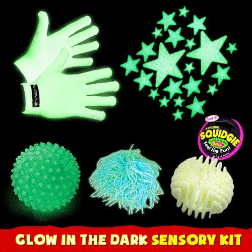 Glow In The Dark Starter Kit,Take your sensory play to the next level with our Glow in the Dark Sensory Starter Kit! This incredible set is designed to create a mesmerizing and out-of-this-world atmosphere that will captivate both kids and adults.Prepare to be amazed by the stunning array of colors that come to life in the dark. The Glow in the Dark Sensory Starter Kit includes everything you need to transform any space into a glowing wonderland.First, slip on the Glow Gloves and watch as your hands light u