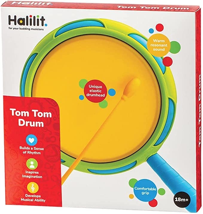 Halilit Tom Tom Drum,This elastic resonant skin Halilit Tom Tom Drum is the perfect product for your child to explore music and have fun while learning. The classic percussion instrument has a unique, high-quality elastic skin that produces a rich and melodious sound, guaranteed to captivate and engage your child's senses.The Halilit Tom Tom Drum is designed with little hands in mind, this drum features a comfortable rubber hand grip that ensures a secure and comfortable grip for young hands. This, coupled 