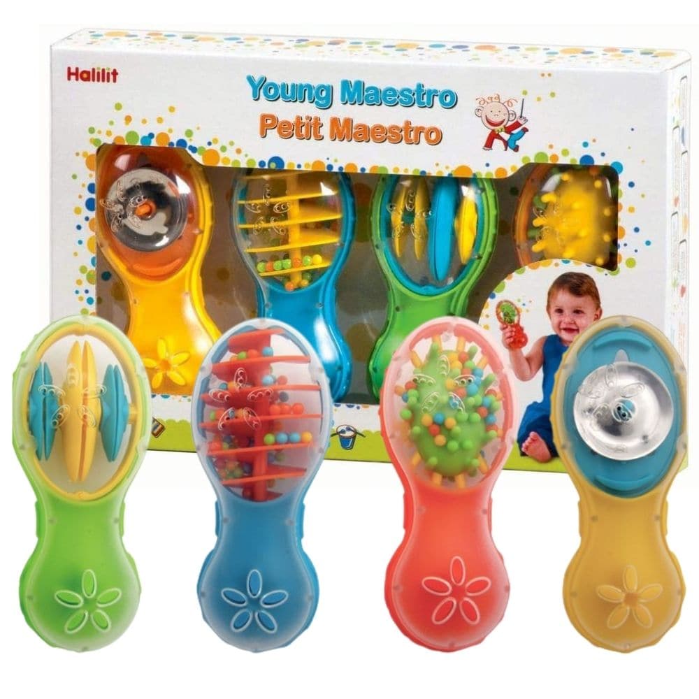 Halilit Young Maestro Gift Set,Halilit Young Maestro Gift Set Delight your baby’s senses with the Halilit Young Maestro Gift Set. This set contains four vibrantly coloured shakers that each provide different sounds and visual treats for young babies to enjoy. With soft textured handles for an easy and comfortable grip, and safely enclosed beads, bells, and clip claps, these shakers are perfect for introducing young babies to the world of music making. Key Features: Variety of Sounds: Each shaker in the set 