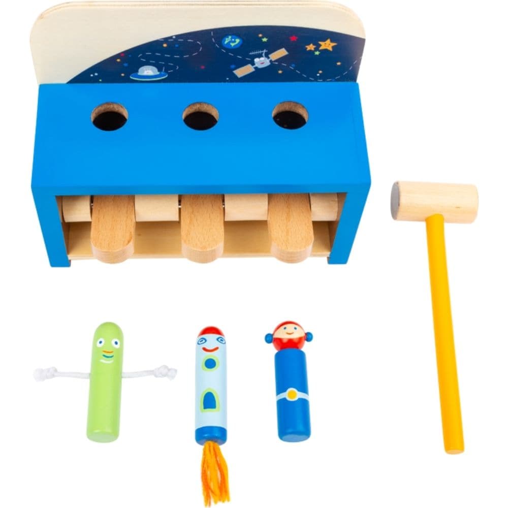 Hammering Bench Space,Children will have lots of fun with this Wooden Hammering Space Bench. It is a great way to support children’s physical development from an early age. The aim of the space themed hammering game is for children to become hammer experts and smack the wooden levers under the table. Which wooden figure will lift off first? The figures include an alien, rocket and astronaut. The use of the hammer helps improve children’s fine-motor skills and develop their hand-eye-coordination. It really i