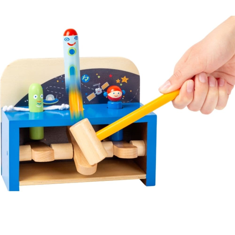 Hammering Bench Space,Children will have lots of fun with this Wooden Hammering Space Bench. It is a great way to support children’s physical development from an early age. The aim of the space themed hammering game is for children to become hammer experts and smack the wooden levers under the table. Which wooden figure will lift off first? The figures include an alien, rocket and astronaut. The use of the hammer helps improve children’s fine-motor skills and develop their hand-eye-coordination. It really i