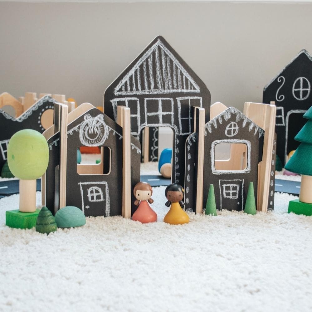 Happy Architect Chalkboard Create And Play Village - Pack Of 28,The Happy Architect Chalkboard Create and Play Village is a creative, open-ended construction set.Build and create your own village with this chalkboard Happy Architect set.With a blackboard surface on one side to encourage children to use their imagination and explore a whole new world of their own, decorating one side as they choose, or practicing their words by naming buildings with words like library, school and home.The pieces slot easily 