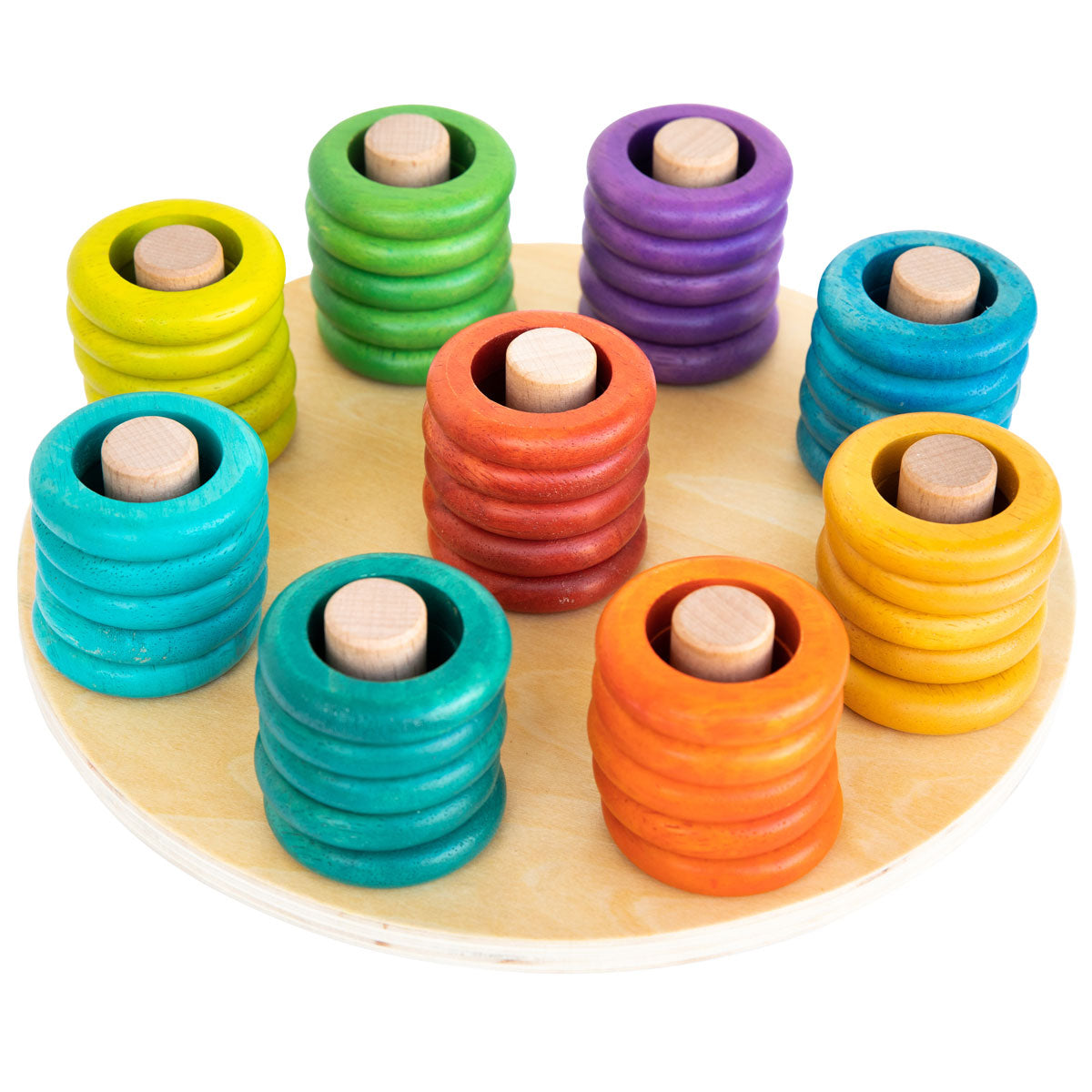 Hooping Rings,Introducing our Hooping Rings 9-piece wooden ring set, designed to inspire creativity and learning in young children! The Hooping Rings set is made from sustainably sourced beech wood, rubber wood, and plywood, this set is both durable and eco-friendly.Featuring 5 rings in each bright and engaging colour, children can use their imaginations to stack the rings in order, create patterns, or even come up with their own designs. The possibilities are endless with this open-ended set!Not only is th