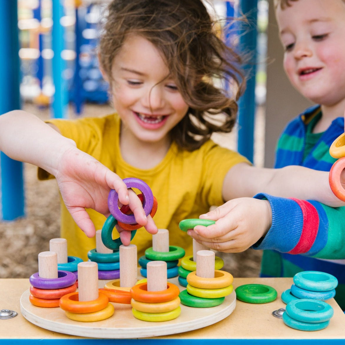 Hooping Rings,Introducing our Hooping Rings 9-piece wooden ring set, designed to inspire creativity and learning in young children! The Hooping Rings set is made from sustainably sourced beech wood, rubber wood, and plywood, this set is both durable and eco-friendly.Featuring 5 rings in each bright and engaging colour, children can use their imaginations to stack the rings in order, create patterns, or even come up with their own designs. The possibilities are endless with this open-ended set!Not only is th