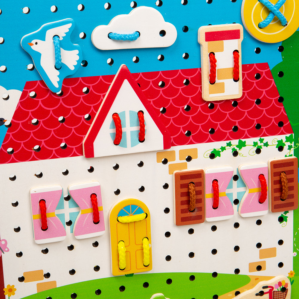 House Lace-A-Shape,Unleash your child’s creativity with the House Lace-a-Shape Game for Toddlers! This engaging wooden threading toy is not only fun but also educational, designed to enhance young children's hand-eye coordination, fine motor skills, and sequencing abilities. Perfect for toddlers aged 3 and up, this game allows them to design and build their own dream house scene by threading colourful laces through various wooden house shapes. With 30 different house shapes and six vibrant laces, the possib