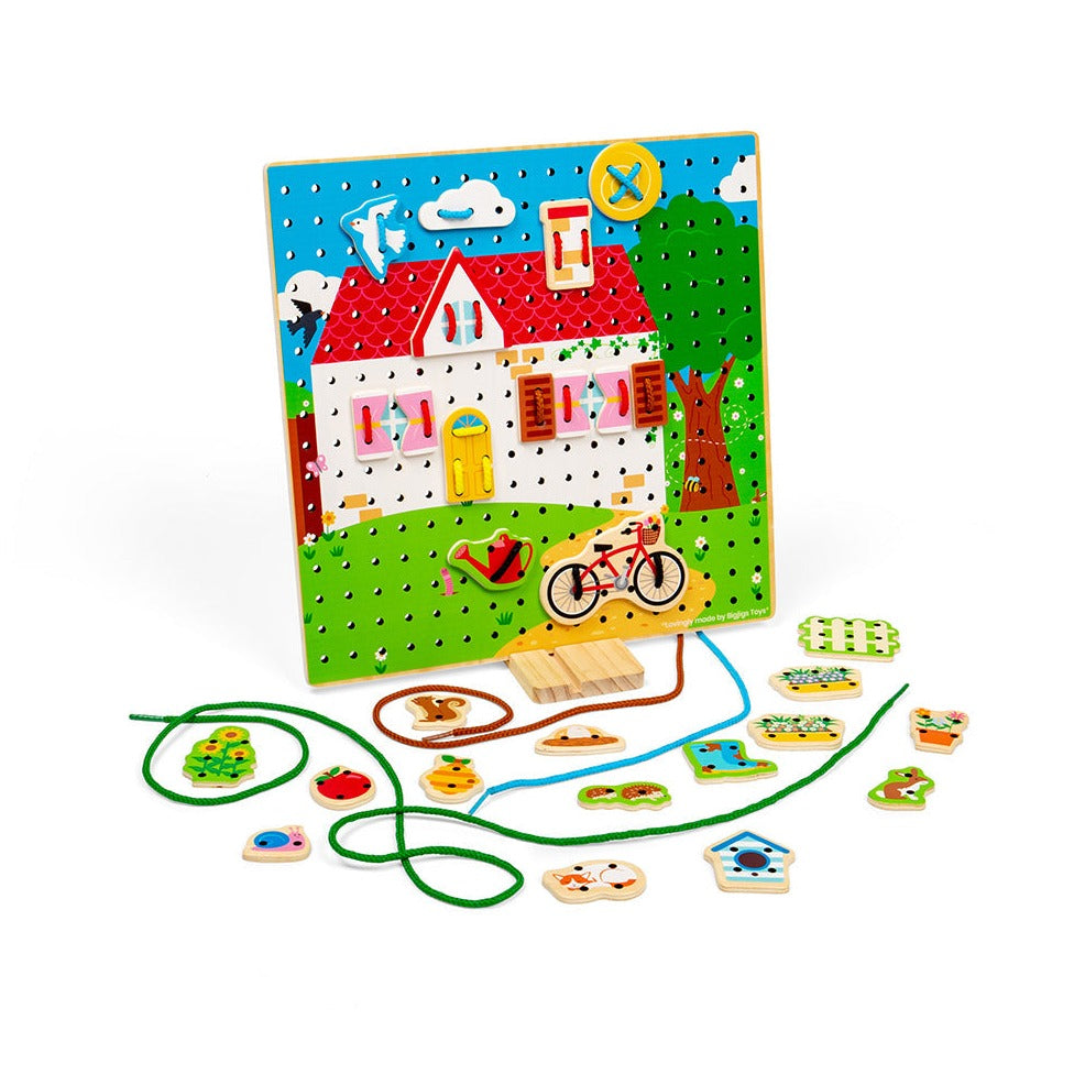 House Lace-A-Shape,Unleash your child’s creativity with the House Lace-a-Shape Game for Toddlers! This engaging wooden threading toy is not only fun but also educational, designed to enhance young children's hand-eye coordination, fine motor skills, and sequencing abilities. Perfect for toddlers aged 3 and up, this game allows them to design and build their own dream house scene by threading colourful laces through various wooden house shapes. With 30 different house shapes and six vibrant laces, the possib