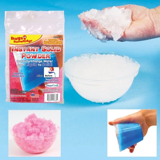 Instant Solid Powder 30G,Unleash the wonders of science with the Instant Solid Powder Kit, a fascinating educational tool that demonstrates the incredible properties of super-absorbent polymers. This kit allows you to explore how a seemingly ordinary powder can absorb 200-300 times its weight in tap water, transforming it into a gooey gel and instantly turning liquids into solids. Ideal for budding scientists and curious minds, this kit includes 30 grams of instant solid powder, a colouring tablet to add a 