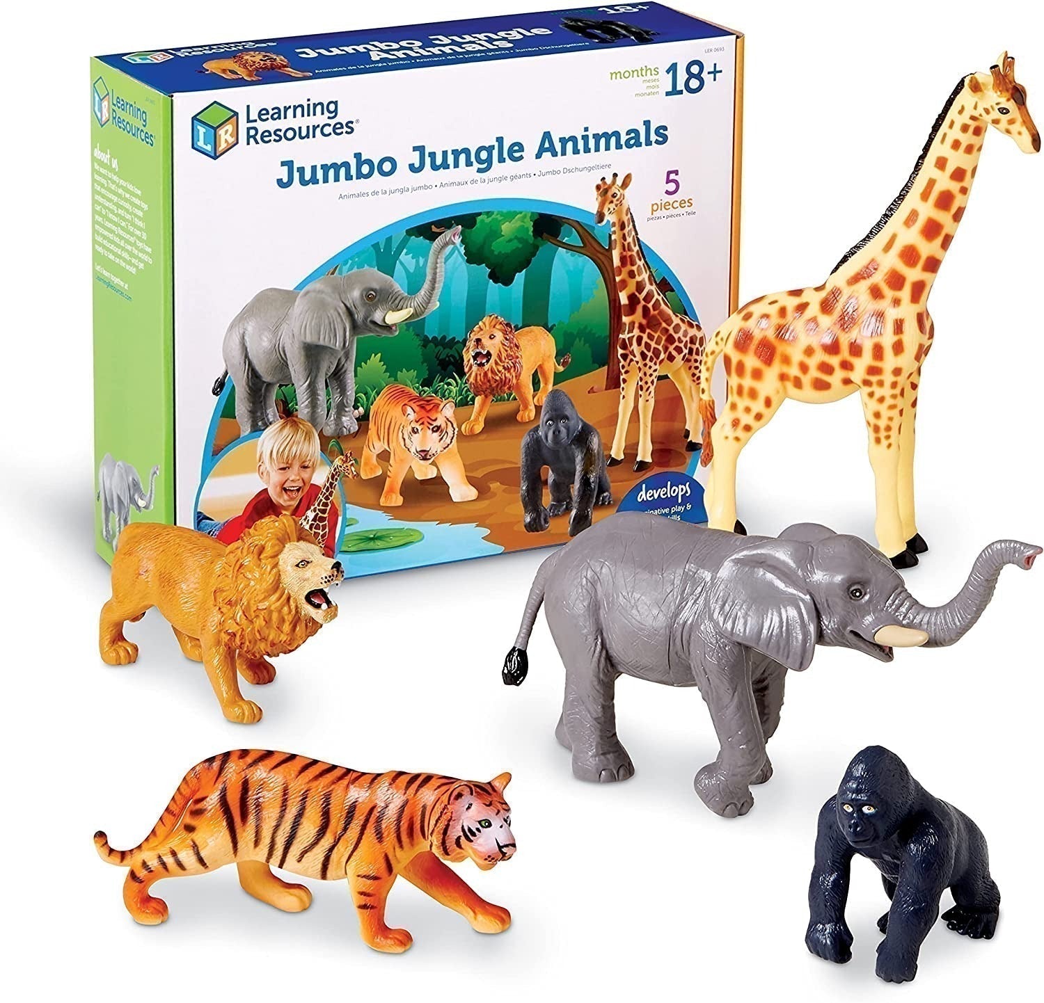 Jumbo Jungle Animals,A jumbo take on imaginative play, these jumbo jungle animals are the perfect addition to play time with so many educational benefits. Motivate oral language development through imaginative play with the Jumbo Jungle animal set from Learning Resources. This Jumbo Jungle Animals set is also great for theme-based units and life-science lessons, animals encourage curiosity about nature, plus responsibility in caring for the environment and household pets. Jumbo Jungle Animals are made from 