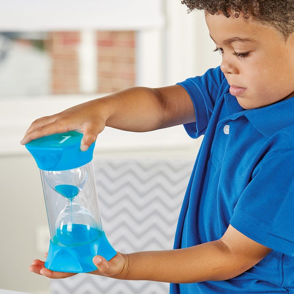 Jumbo Sand Timer (1-Minute),This colourful Jumbo Sand Timer is ideal for use in the classroom or at home to give children a visual representation of passing time.Its oversized and sturdy, making it great for little hands.The rubber endcaps give the timer greater durability and allow for quiet pausing of the timer. Great for showing the passing of approximately 1 minute. (Please note the Jumbo Sand Timer is not a precision time device, so there is a time deviation.) The jumbo proportions and colourful blue s