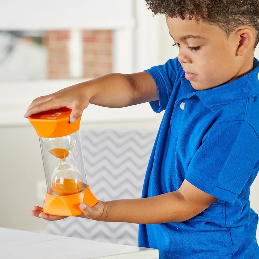 Jumbo Sand Timer (5-Minute),This colourful Jumbo Sand Timer is ideal for use in the classroom or at home to give children a visual representation of the passing of 5 minutes. Its oversized and sturdy, making it great for little hands.The rubber endcaps give the timer greater durability and allow for quiet pausing of the timer. The mesmerising motion of the colourful orange sand is ideal for a calm-down area in the classroom or at home. Great for showing the passing of approximately 5 minutes. (Please note t