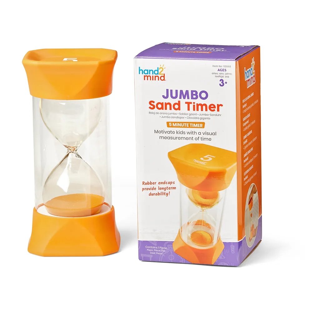 Jumbo Sand Timer (5-Minute),This colourful Jumbo Sand Timer is ideal for use in the classroom or at home to give children a visual representation of the passing of 5 minutes. Its oversized and sturdy, making it great for little hands.The rubber endcaps give the timer greater durability and allow for quiet pausing of the timer. The mesmerising motion of the colourful orange sand is ideal for a calm-down area in the classroom or at home. Great for showing the passing of approximately 5 minutes. (Please note t