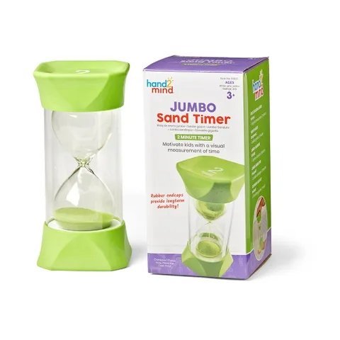 Jumbo Sand Timers, 2-Minutes,This colourful 2 minute Jumbo Sand Timer is ideal for use in the classroom or at home to give children a visual representation of passing time. It’s oversized and sturdy, making it great for little hands. The rubber endcaps give the timer greater durability and allow for quiet pausing of the timer. The mesmerising motion of the colourful green sand is ideal for a calm-down area in the classroom or at home. Great for showing the passing of approximately 2 minutes. (Please note th