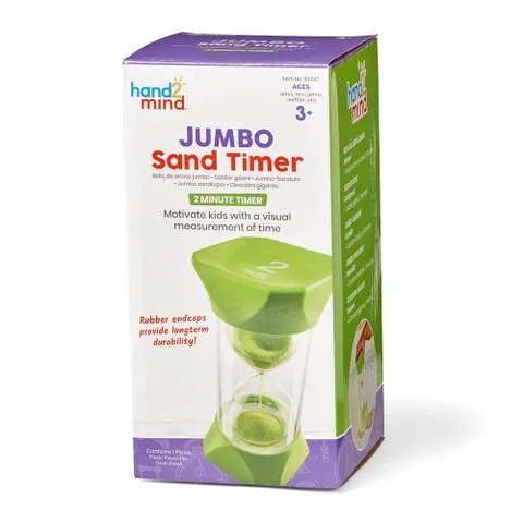 Jumbo Sand Timers, 2-Minutes,This colourful 2 minute Jumbo Sand Timer is ideal for use in the classroom or at home to give children a visual representation of passing time. It’s oversized and sturdy, making it great for little hands. The rubber endcaps give the timer greater durability and allow for quiet pausing of the timer. The mesmerising motion of the colourful green sand is ideal for a calm-down area in the classroom or at home. Great for showing the passing of approximately 2 minutes. (Please note th