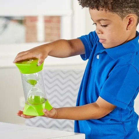 Jumbo Sand Timers, 2-Minutes,This colourful 2 minute Jumbo Sand Timer is ideal for use in the classroom or at home to give children a visual representation of passing time. It’s oversized and sturdy, making it great for little hands. The rubber endcaps give the timer greater durability and allow for quiet pausing of the timer. The mesmerising motion of the colourful green sand is ideal for a calm-down area in the classroom or at home. Great for showing the passing of approximately 2 minutes. (Please note th