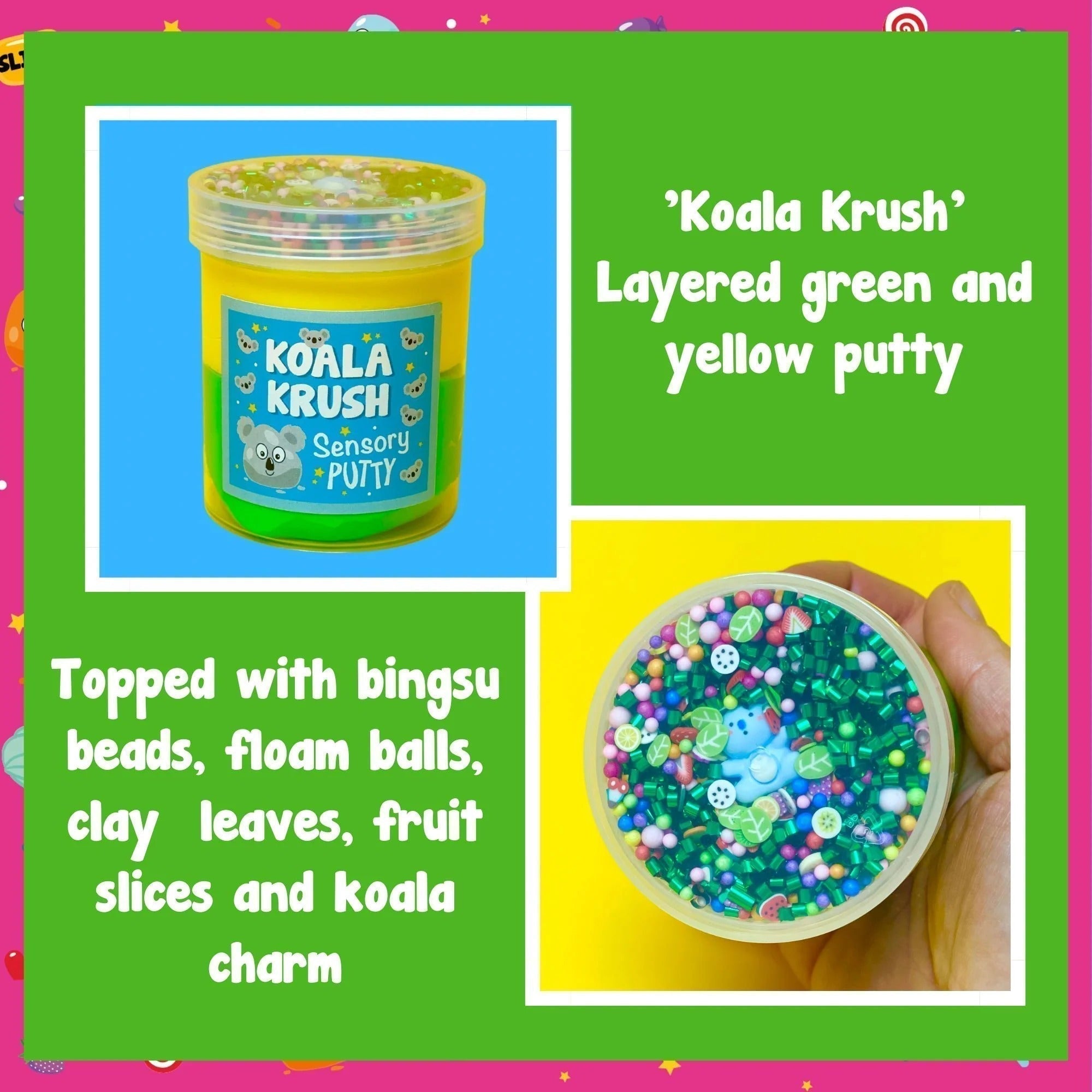 Koala Krush Putty,Our Koala Krush putty offers more than just fun—it's also designed to provide valuable sensory benefits for children. Sensory play refers to activities that stimulate the senses, including touch, sight, smell, and sometimes even taste or sound. Here's how our Koala Krush putty can contribute to sensory development: Tactile Stimulation: The soft and pliable texture of the putty encourages children to explore and manipulate it with their hands. This tactile experience helps develop fine moto